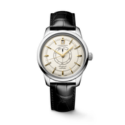 Quadrante champagne del Longines Conquest Heritage Central Power Reserve con indici applicati, lancette dorate e indicatore centrale della riserva di carica, trattate con Swiss Super-LumiNova®